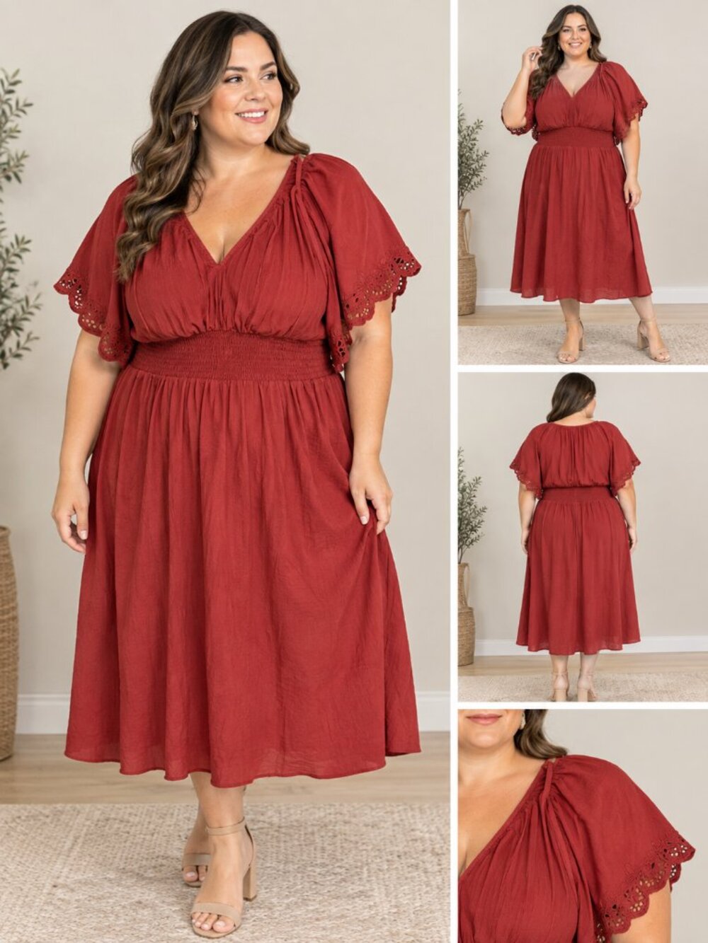 Old Navy Large Smocked Waist Dusty Crimson Eyelet-Flutter Sleeve V-Neck Dress